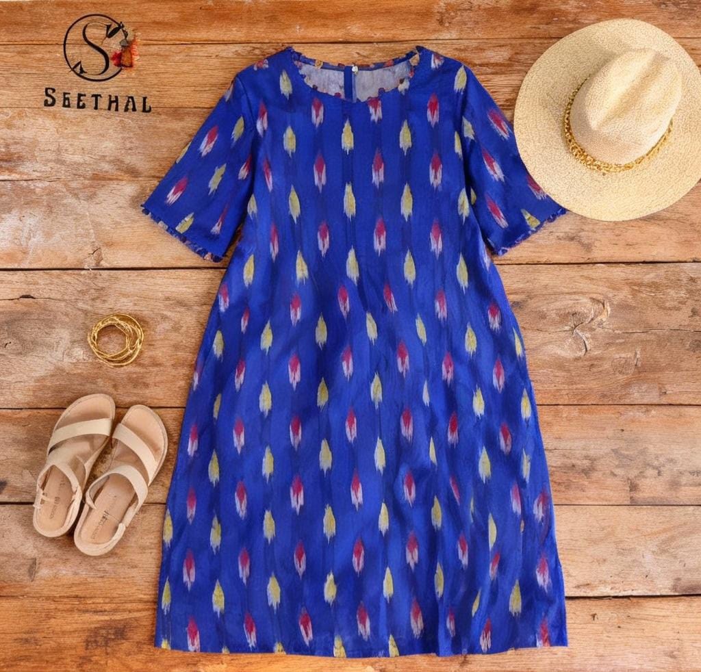 Royal Blue Ikkat Cotton Side Slit Kurti with Adjustable Back Corset