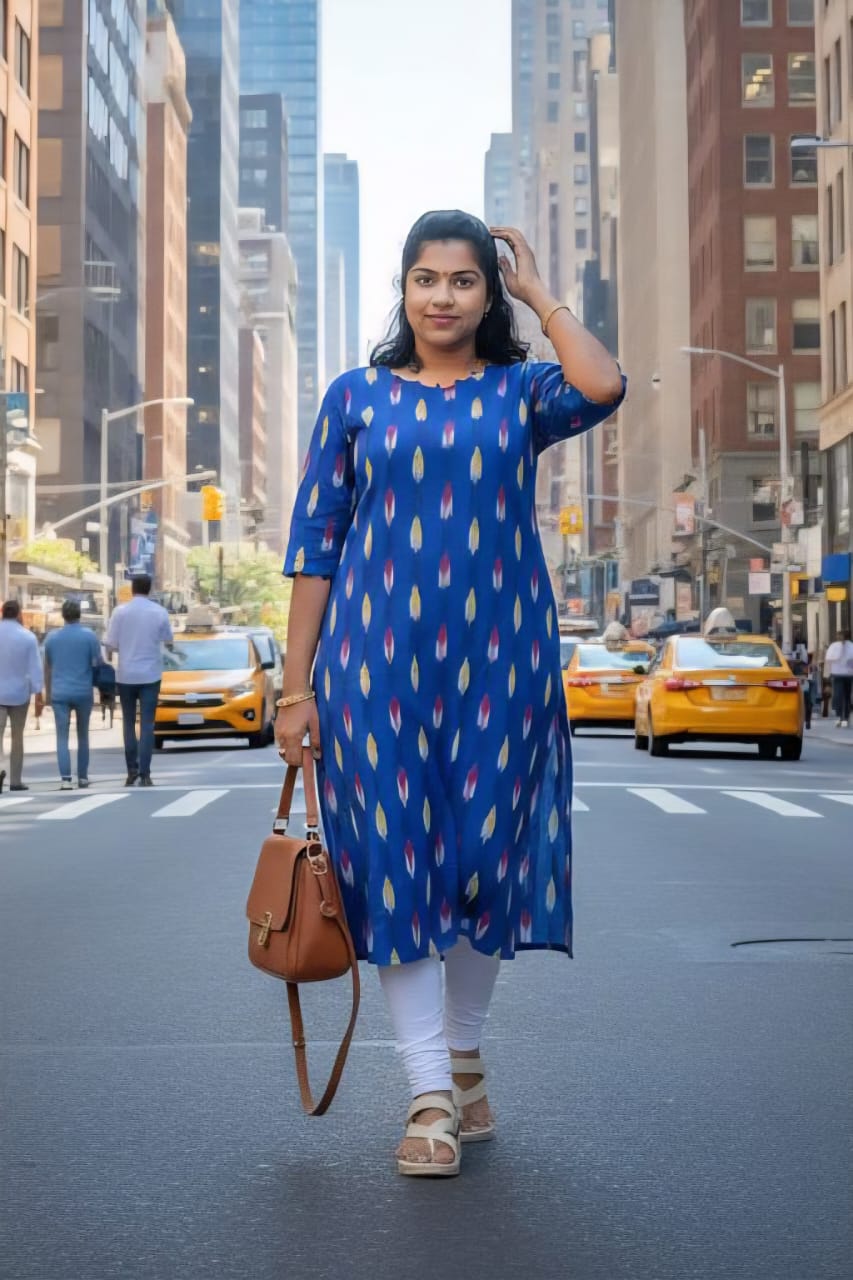 Royal Blue Ikkat Cotton Side Slit Kurti with Adjustable Back Corset