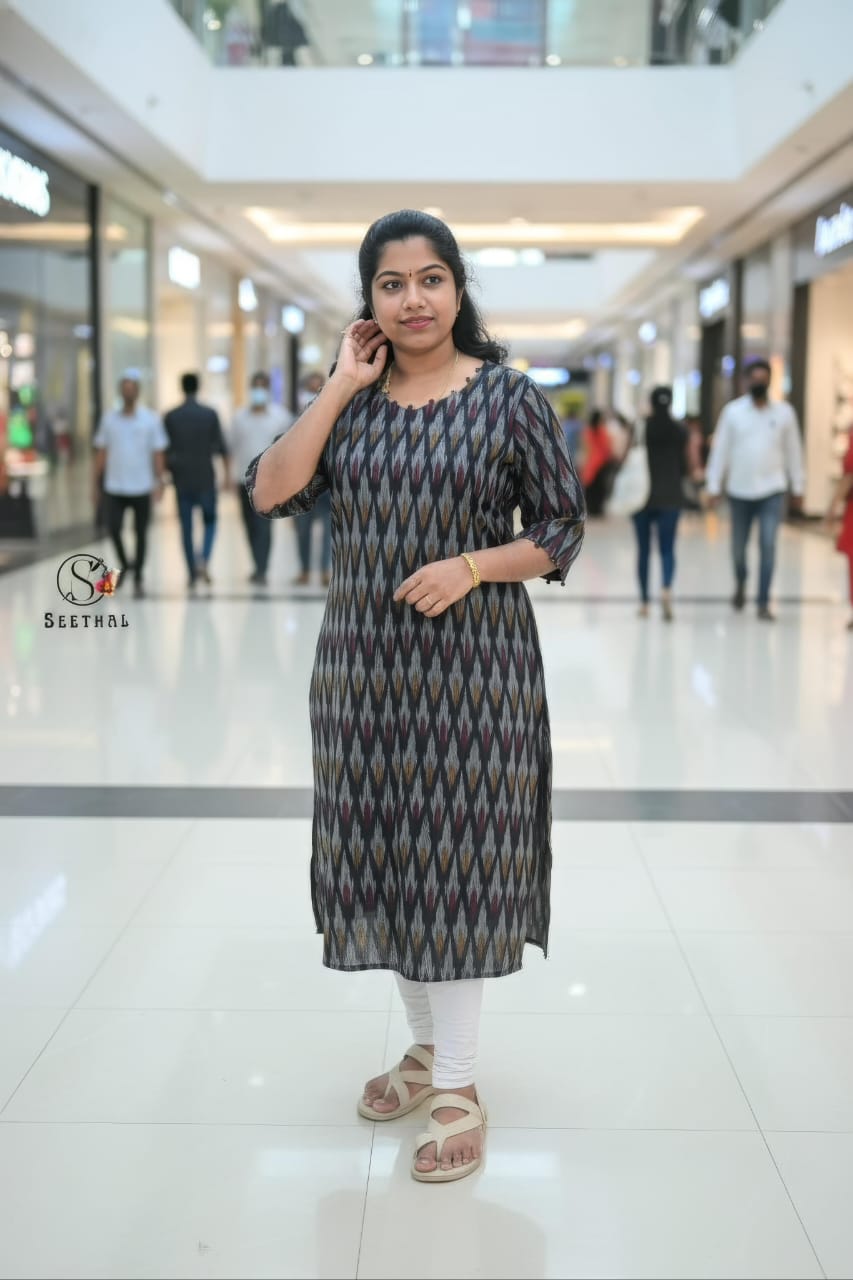 Black Ikkat Cotton Side Slit Kurti with Adjustable Back Corset