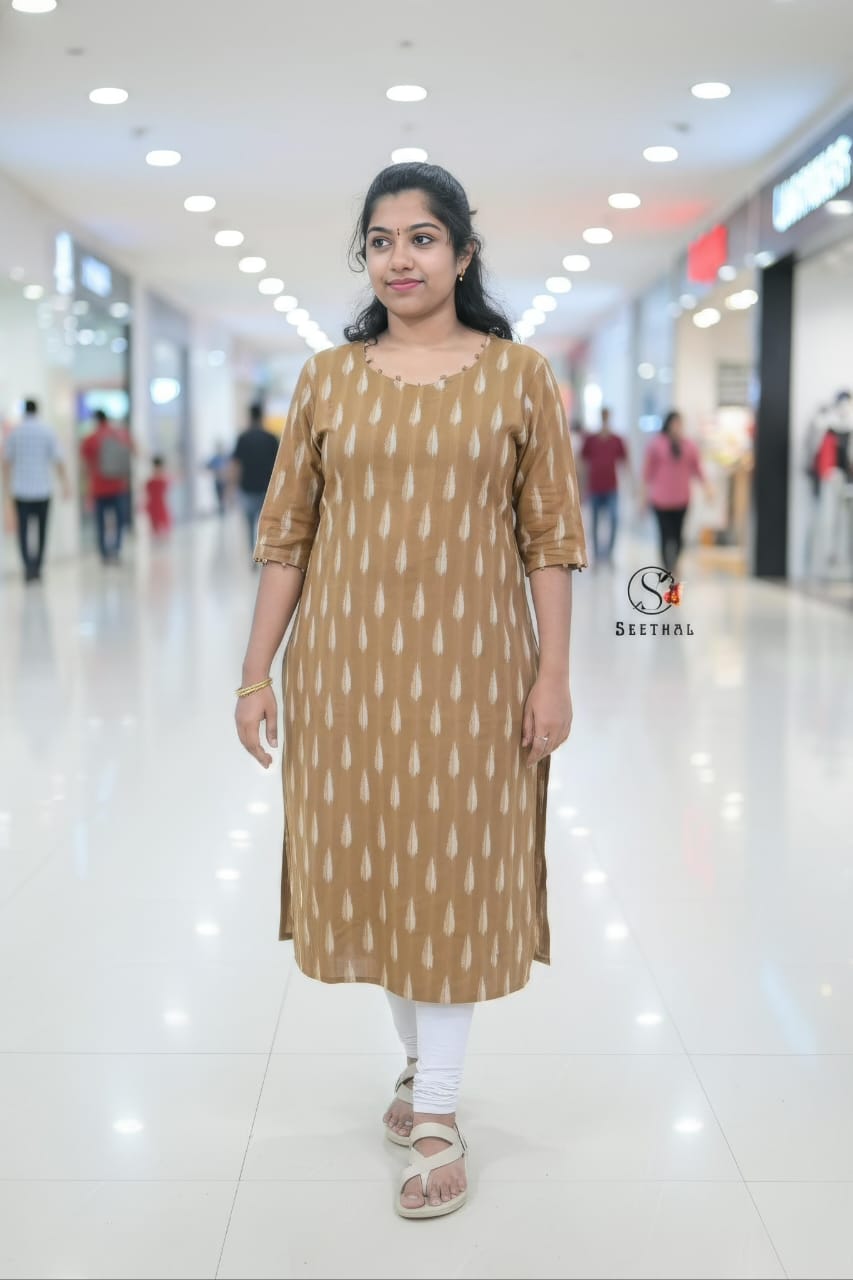 Chocolate Brown Ikkat Cotton Side Slit Kurti with Adjustable Back Corset