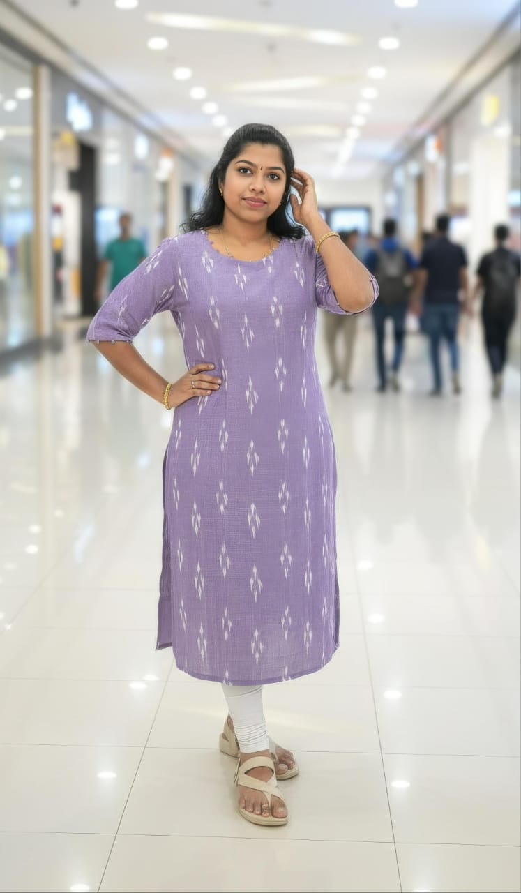 Lavender Ikkat Cotton Side Slit Kurti with Adjustable Back Corset