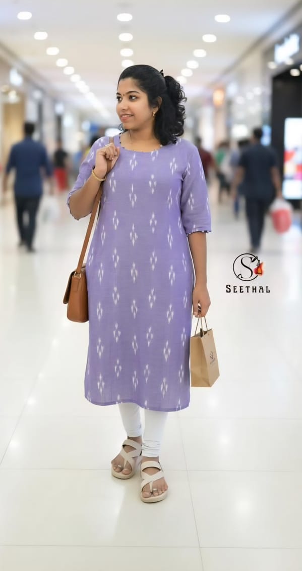 Lavender Ikkat Cotton Side Slit Kurti with Adjustable Back Corset