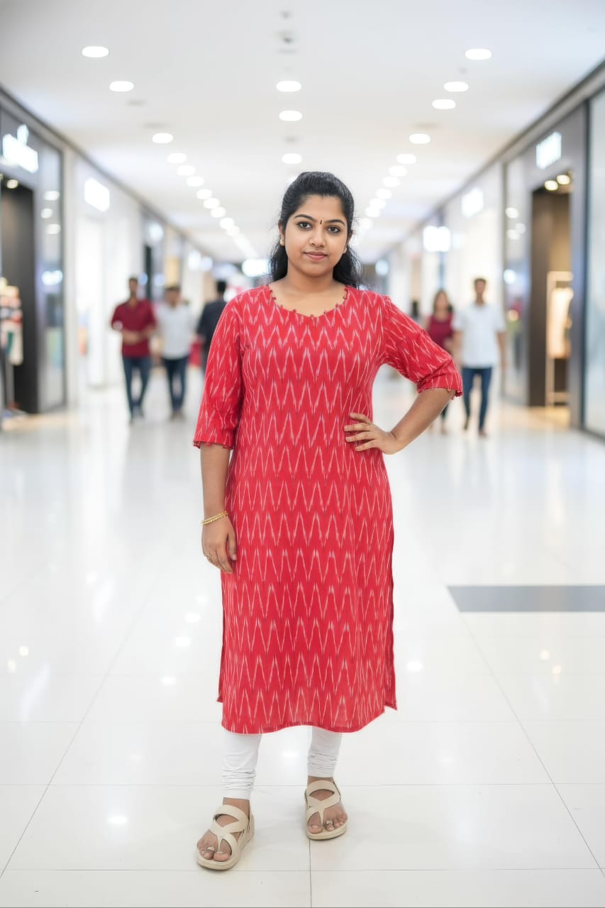 Red Ikkat Cotton Side Slit Kurti with Adjustable Back Corset