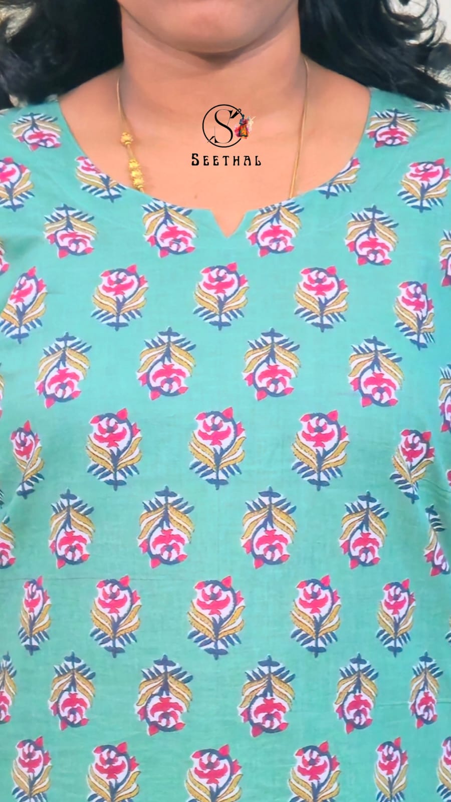 Light Teal Green Hand Block Printed Cotton Mid Length Kurti with Trouser Co-Ord Set