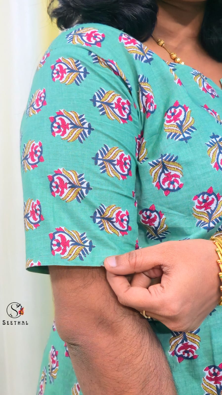 Light Teal Green Hand Block Printed Cotton Mid Length Kurti with Trouser Co-Ord Set