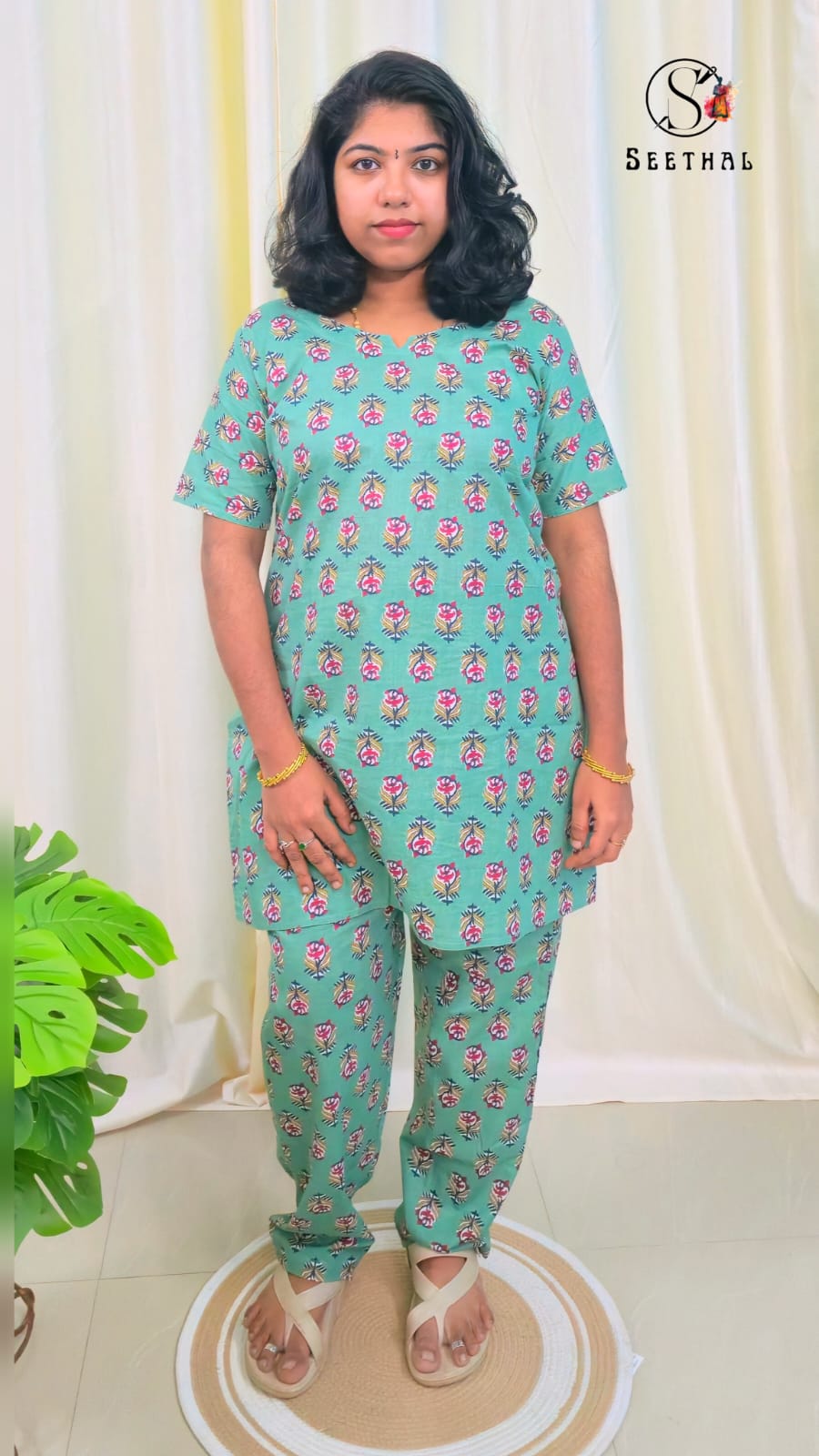 Light Teal Green Hand Block Printed Cotton Mid Length Kurti with Trouser Co-Ord Set