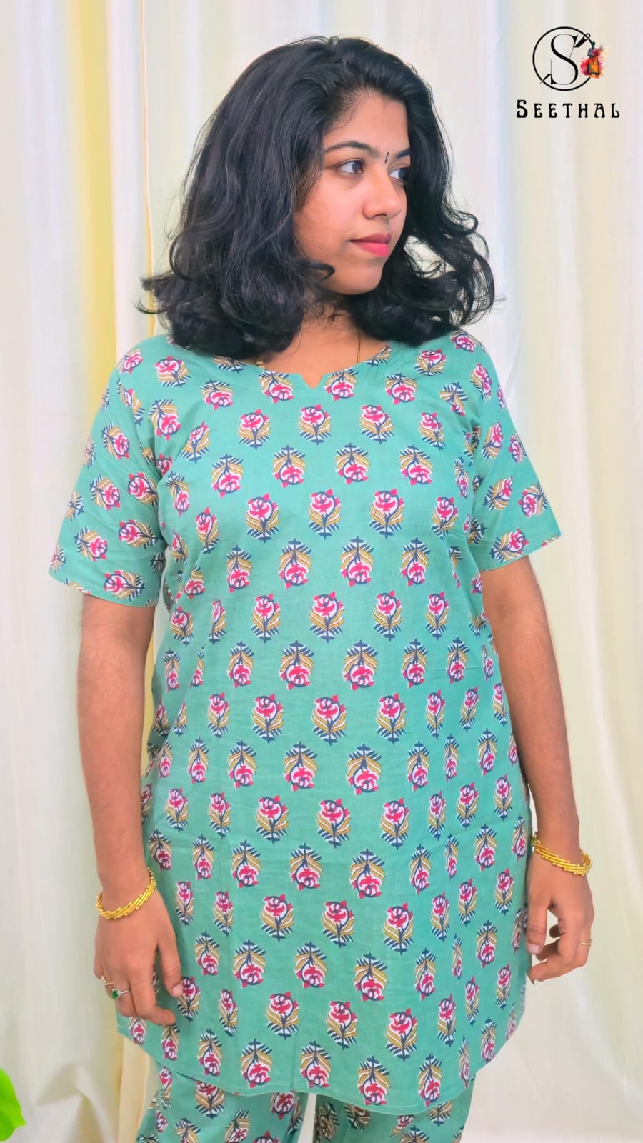 Light Teal Green Hand Block Printed Cotton Mid Length Kurti with Trouser Co-Ord Set