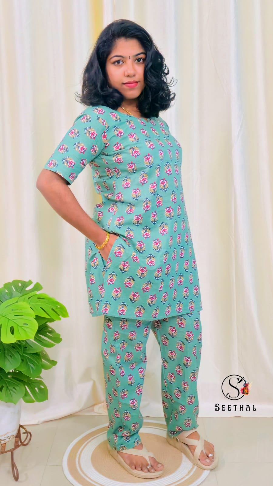 Light Teal Green Hand Block Printed Cotton Mid Length Kurti with Trouser Co-Ord Set