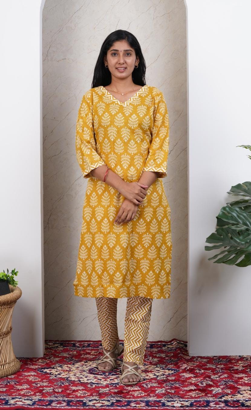 Yellow Soft Printed Cotton 3 Piece Kurta Set for Women | Office & Daily Wear