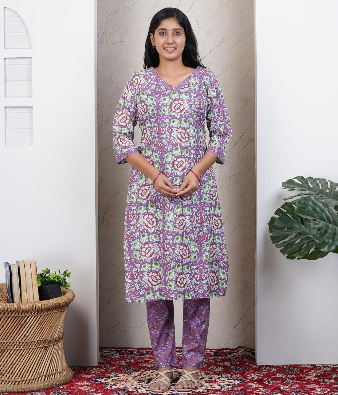 Lavender Soft Printed Cotton 3 Piece Kurta Set for Women | Office & Daily Wear