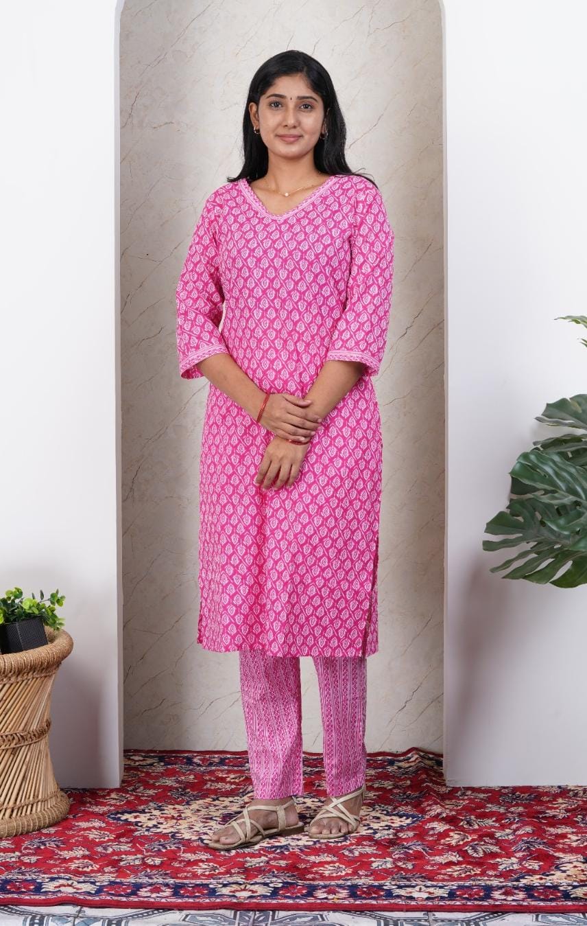 Pink Soft Printed Cotton 3 Piece Kurta Set for Women | Office &amp; Daily Wear
