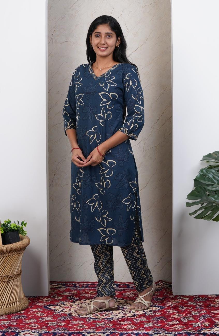 Navy Blue Soft Printed Cotton 3 Piece Kurta Set for Women | Office &amp; Daily Wear