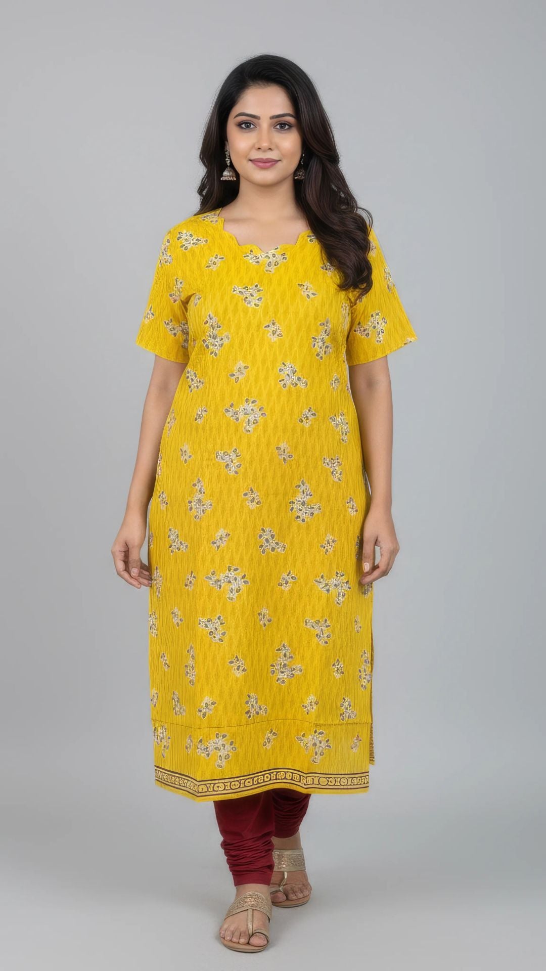 Yellow Stripes Cotton Half Sleeve Kurti | 40–42 Inch Length | Comfort Fit with 4-Inch Hip Ease | Sizes S to 5XL