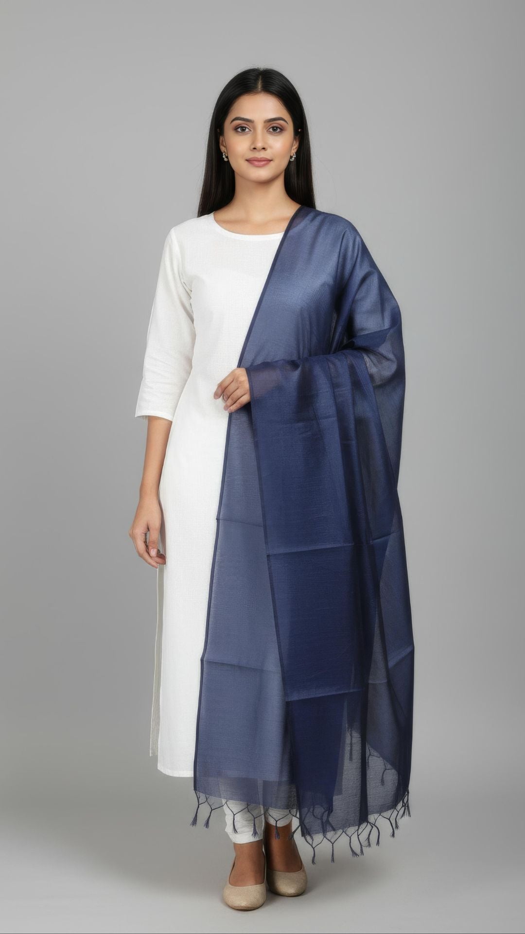 Navy Blue Banarasi Plain Dupatta - 2.5 Mtr