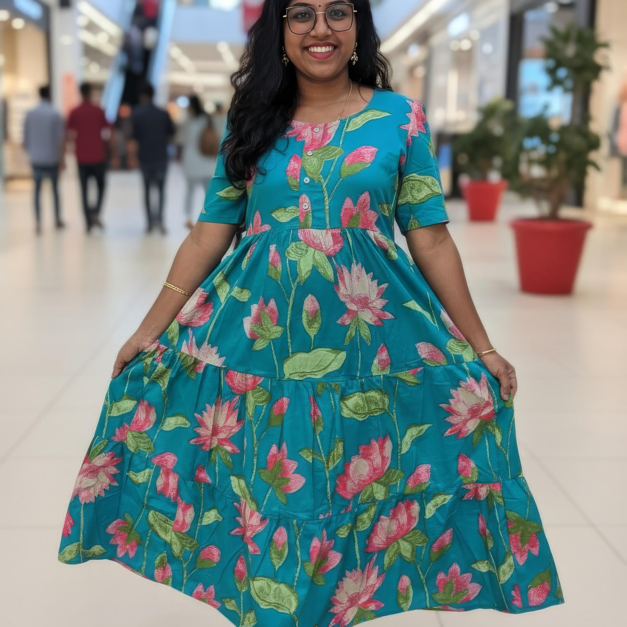 Teal Blue Hand Block Printed Cotton Maxi Dress