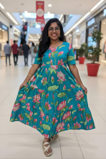 Teal Blue Hand Block Printed Cotton Maxi Dress