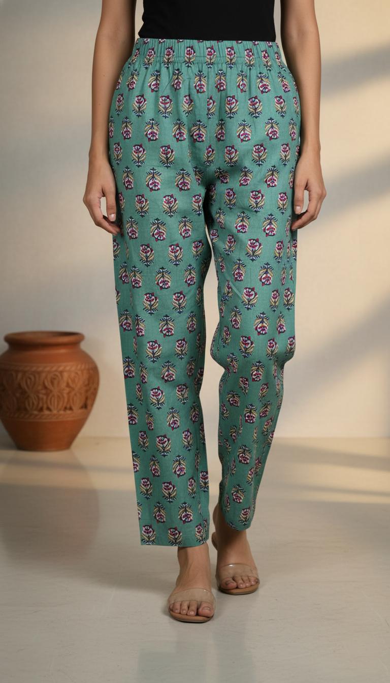 Blue Printed Cotton Mid Length Kurti with Trouser Co-Ord Set