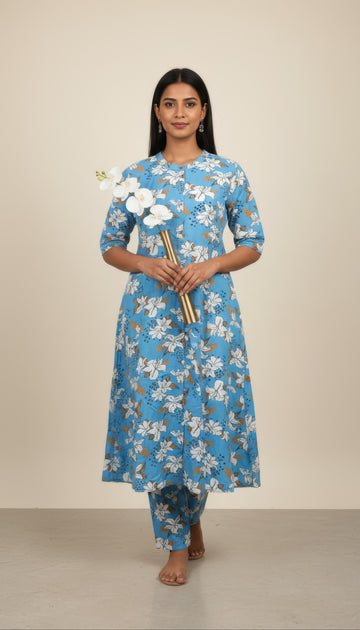 Blue Cotton Flex Aline Co-Ord Set for Women | Office & Daily Wear