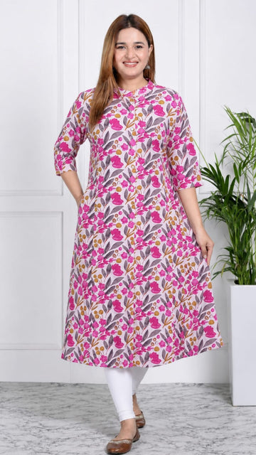 Pink  Printed Cotton Princess Cut Side Closed Kurta  (Only Kurta)