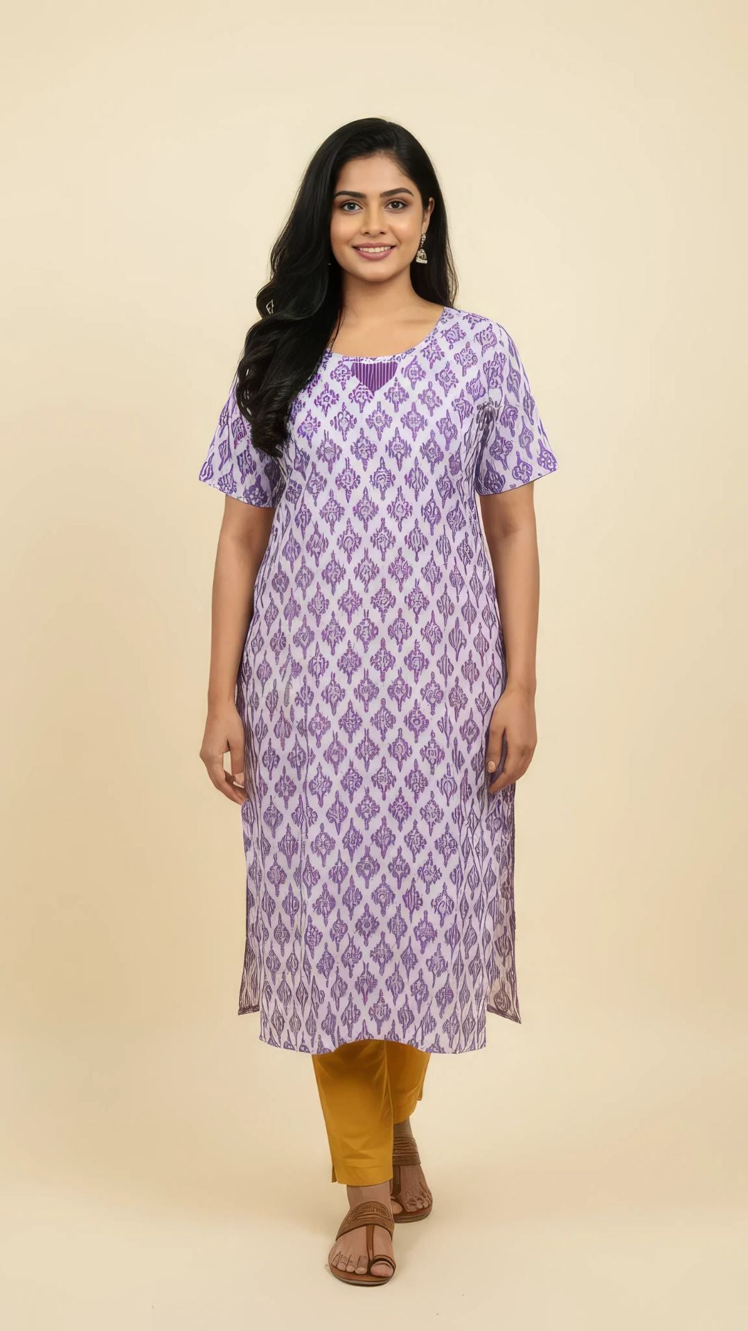 Lavender with White Cotton Side Slit Kurti | 40–42 Inch Length | Comfort Fit with 4-Inch Hip Ease | Sizes S to 5XL