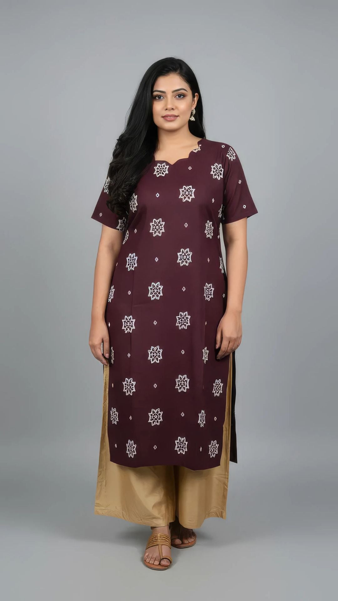 Coffee Brown Cotton Half Sleeve Kurti | 40–42 Inch Length | Comfort Fit with 4-Inch Hip Ease | Sizes S to 5XL