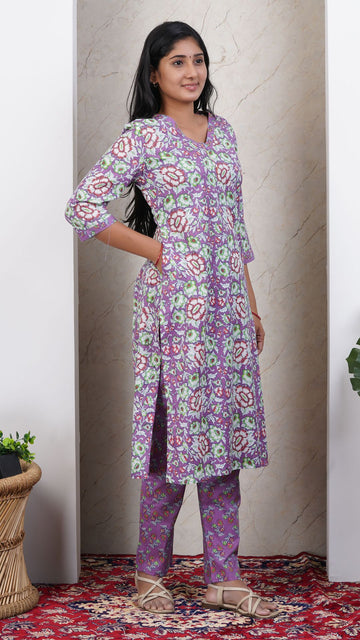 Lavender Printed Cotton Side Slit Kurta (Only Kurta)