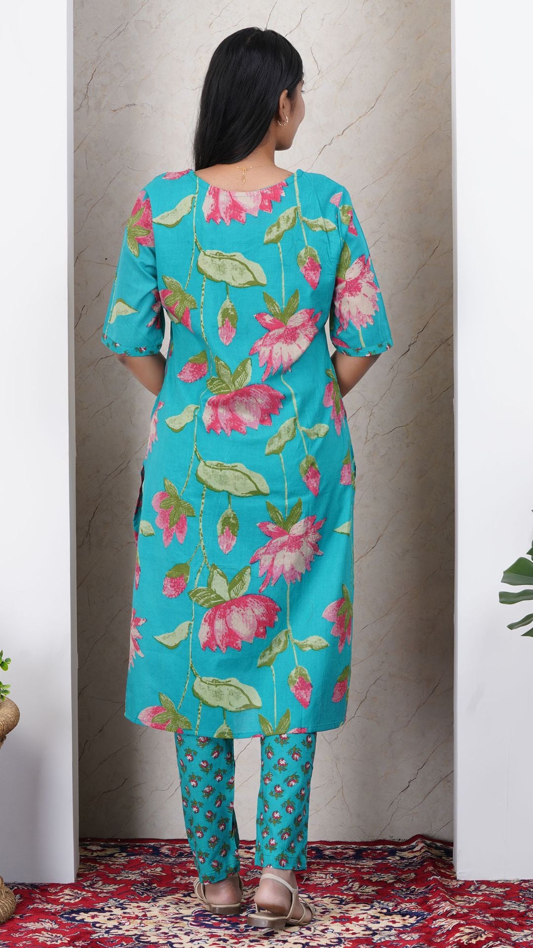 Teal Green Soft Printed Cotton Side Slit Kurta (Only Kurta )