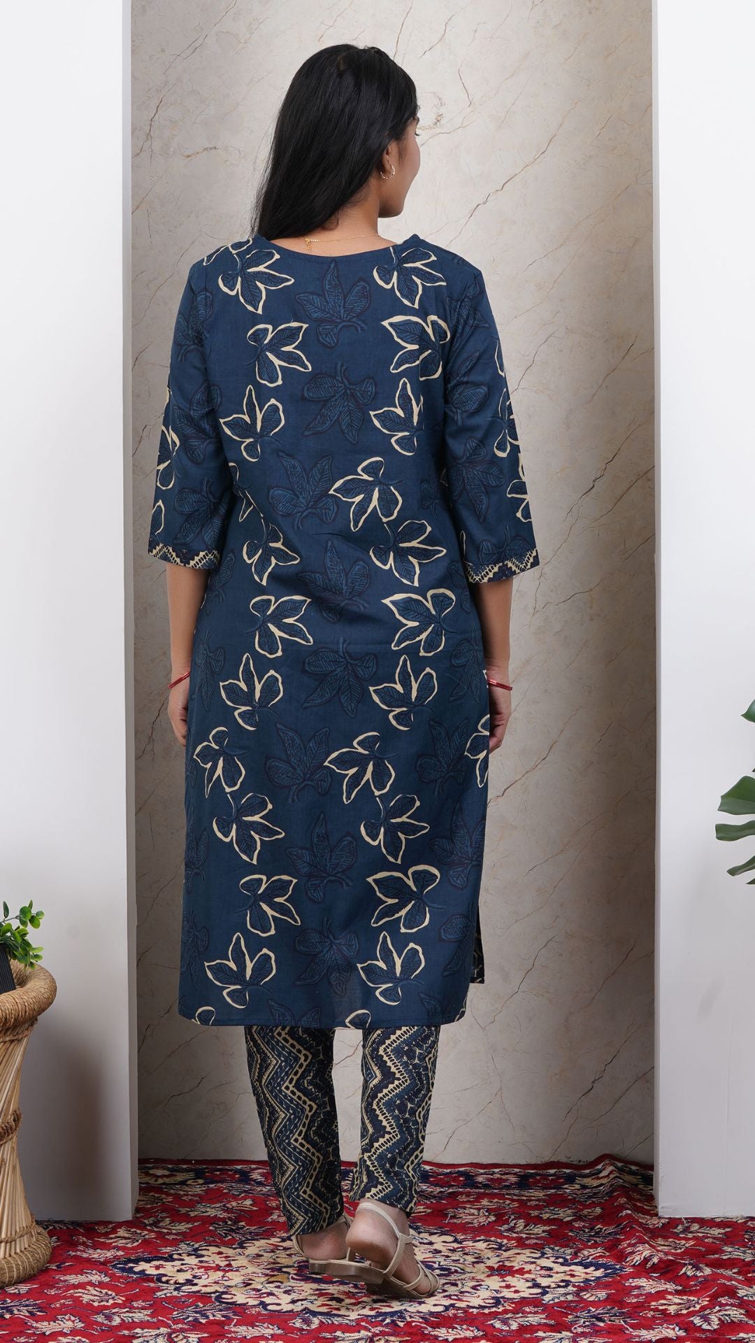 Navy Blue Soft Printed Cotton 3 Piece Kurta Set for Women | Office & Daily Wear