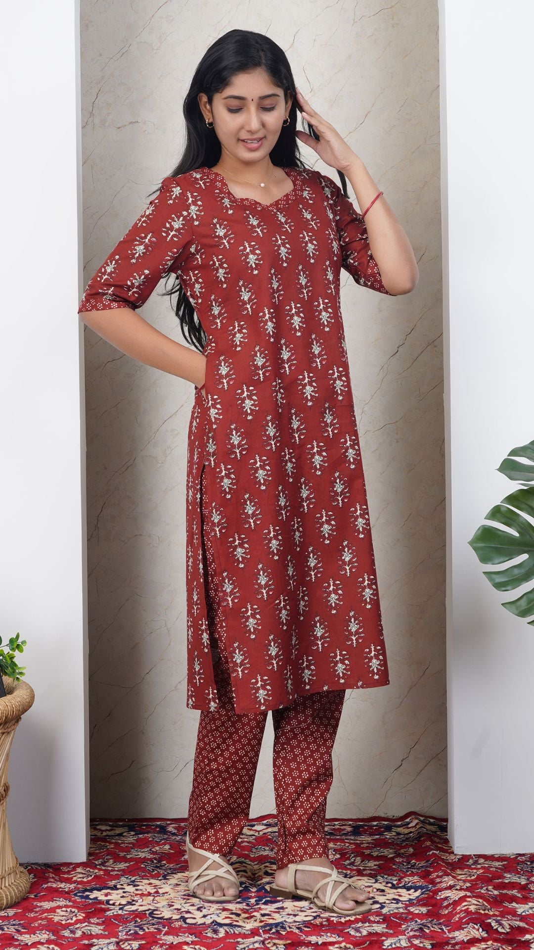 Maroon Soft Printed Cotton Side Slit Kurta  (Only Kurta )