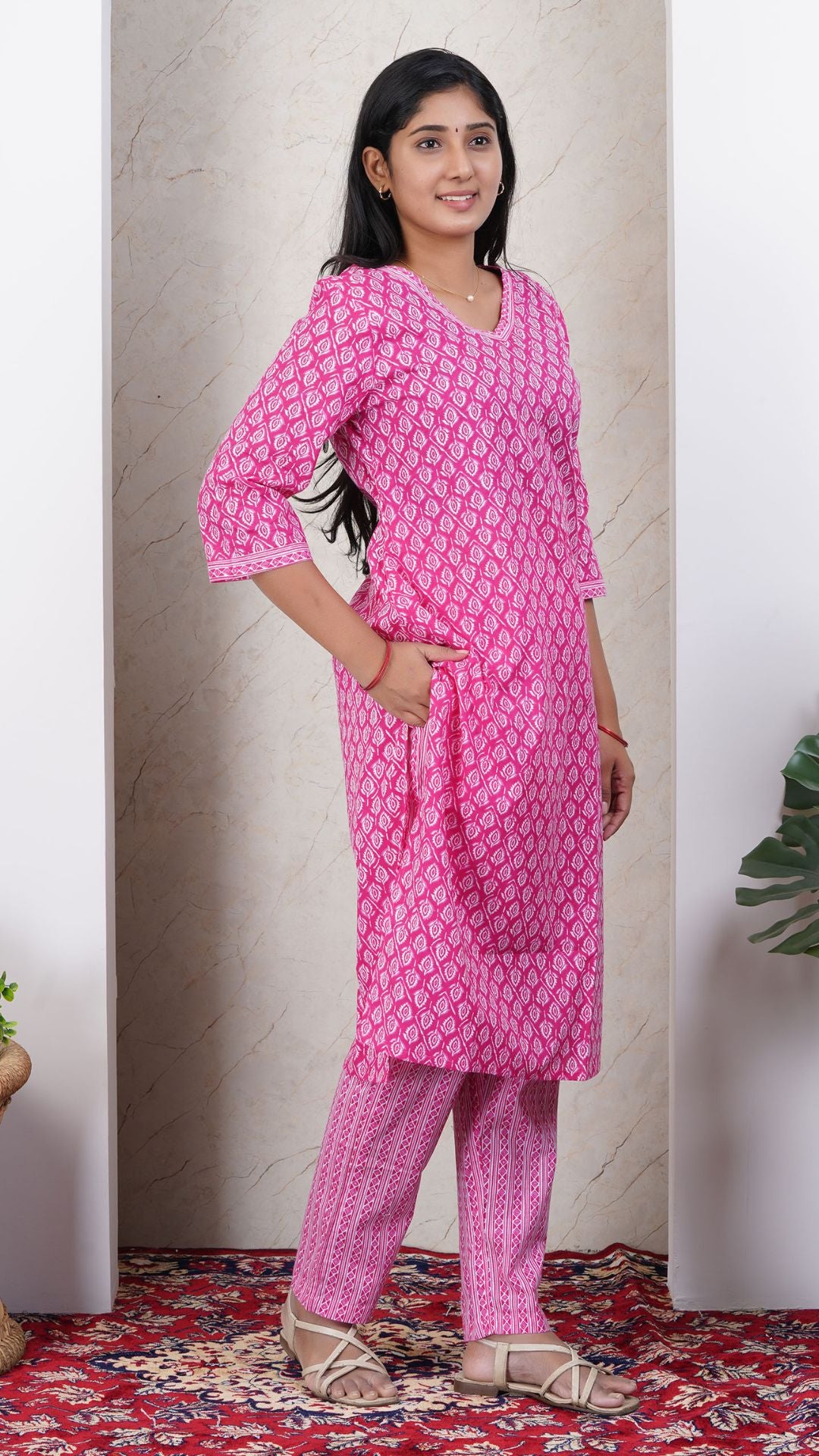 Pink Printed Cotton Side Slit Kurta (Only Kurta)