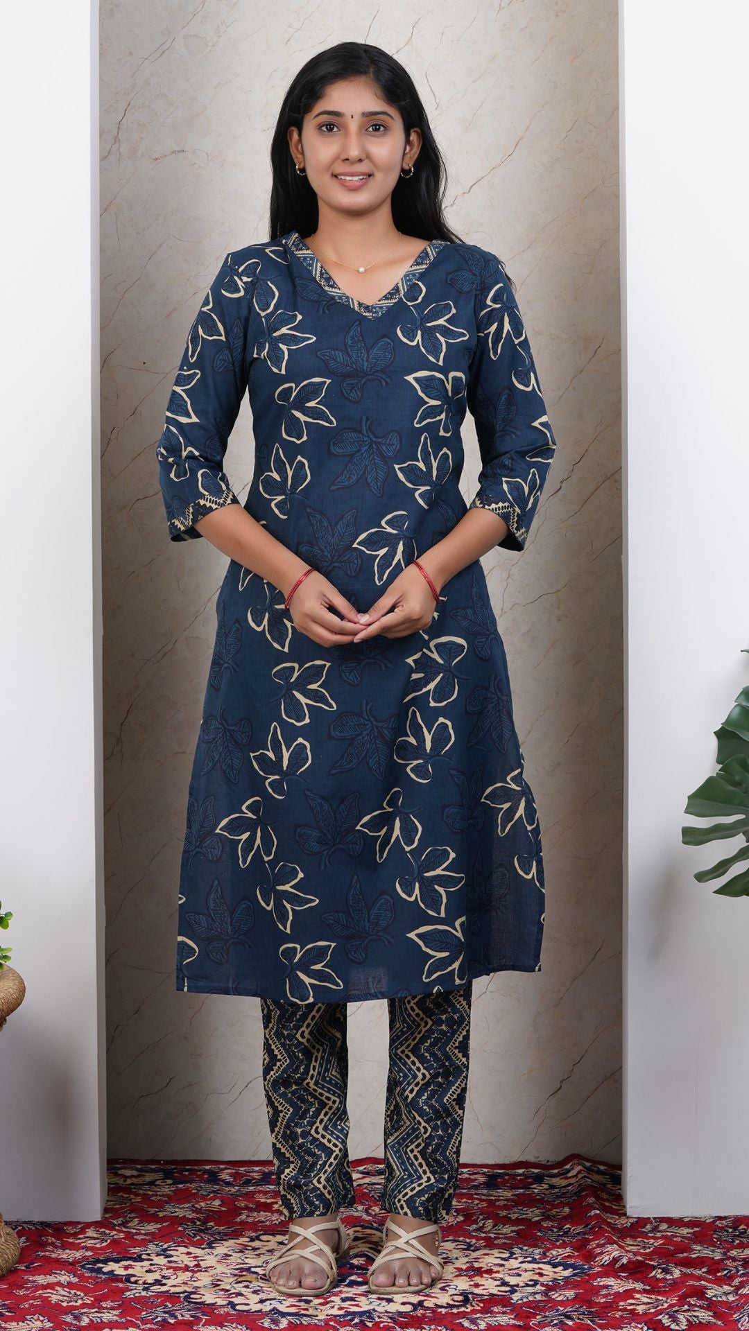 Navy Blue Soft Printed Cotton 3 Piece Kurta Set for Women | Office & Daily Wear