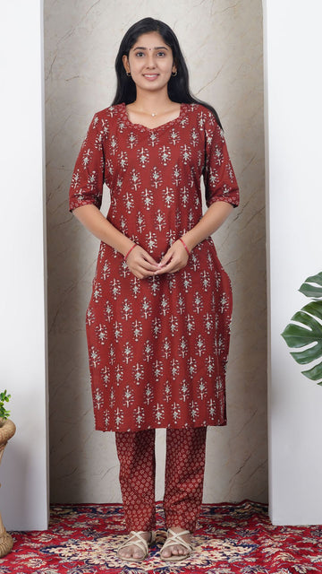 Maroon Soft Printed Cotton Side Slit Kurta  (Only Kurta )