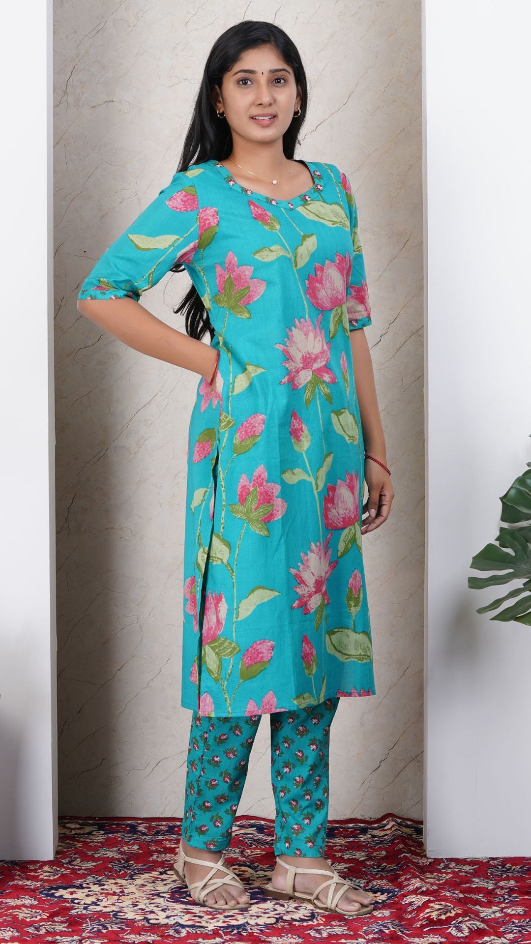 Teal Green Soft Printed Cotton Side Slit Kurta (Only Kurta )