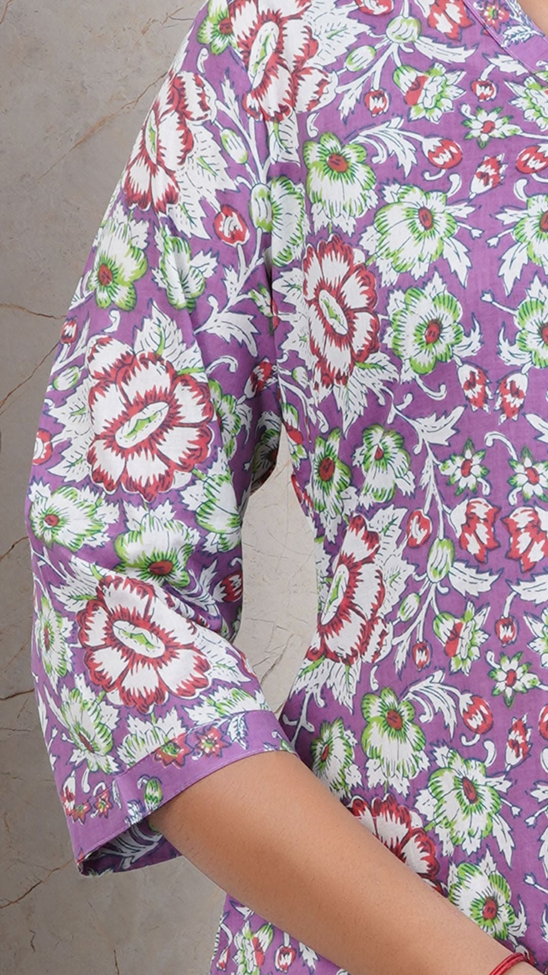 Lavender Printed Cotton Side Slit Kurta (Only Kurta)