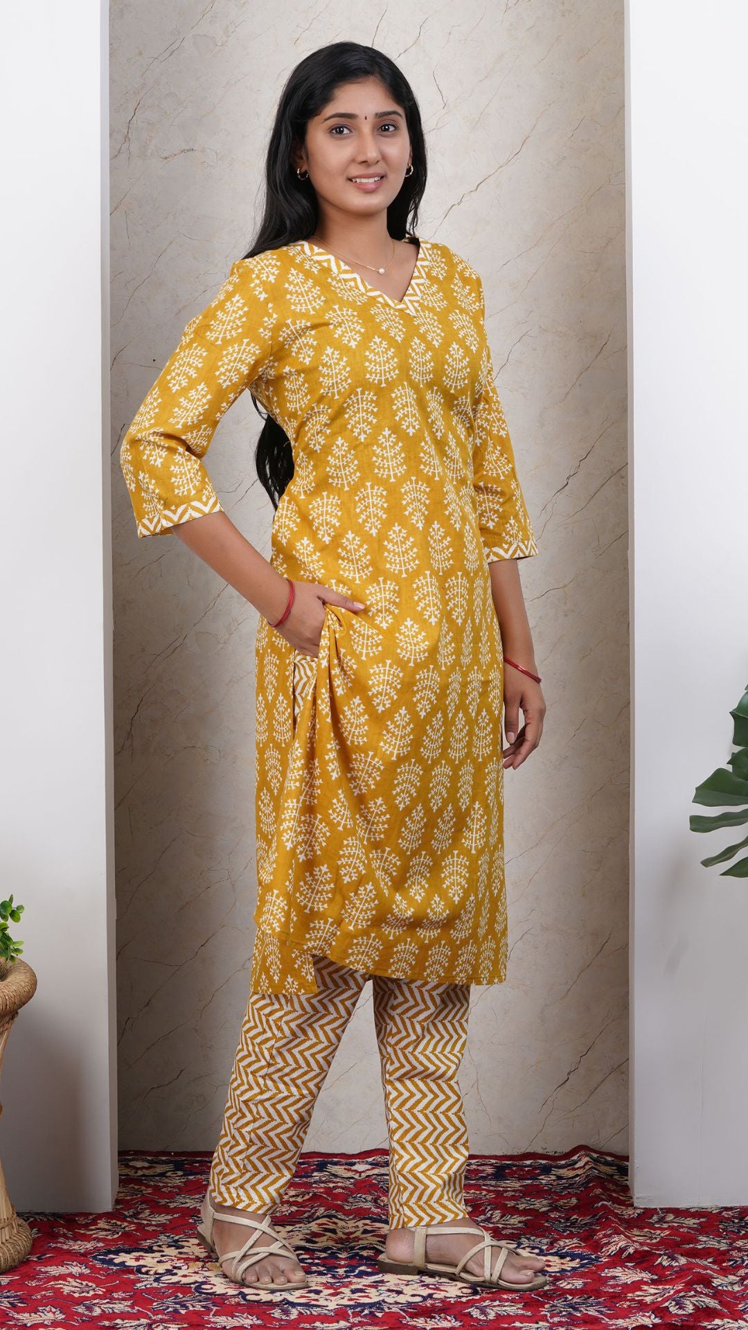 Yellow Printed Cotton Side Slit Kurta (Only Kurta)