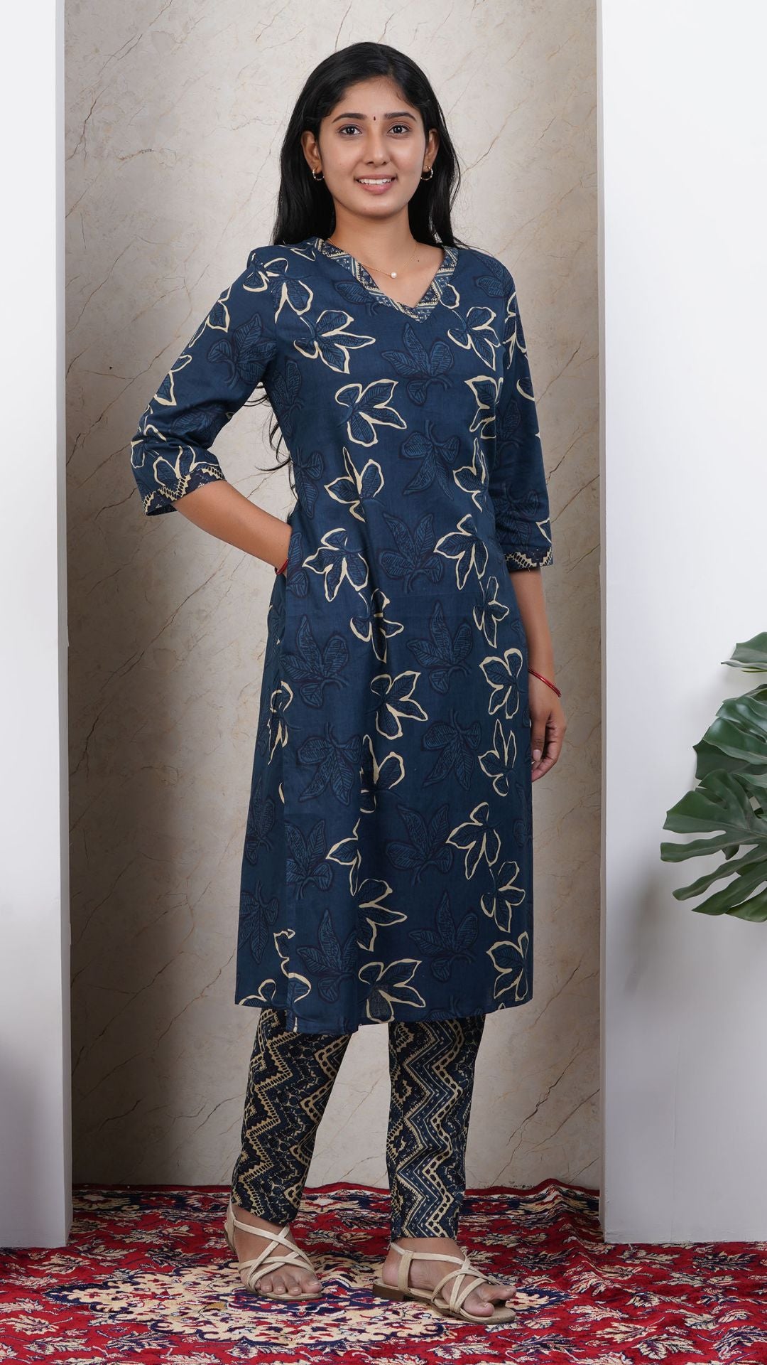 Navy Blue Soft Printed Cotton 3 Piece Kurta Set for Women | Office & Daily Wear