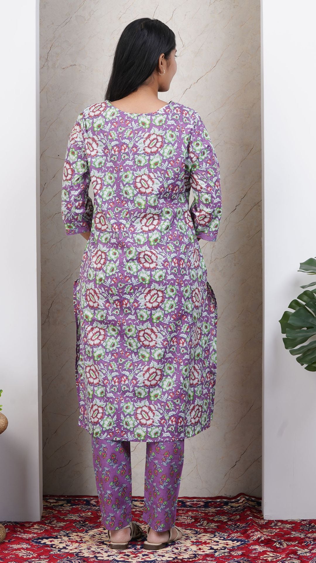 Lavender Printed Cotton Side Slit Kurta (Only Kurta)