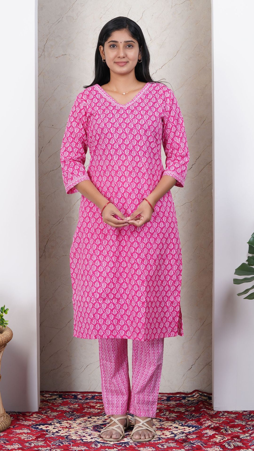 Pink Printed Cotton Side Slit Kurta (Only Kurta)