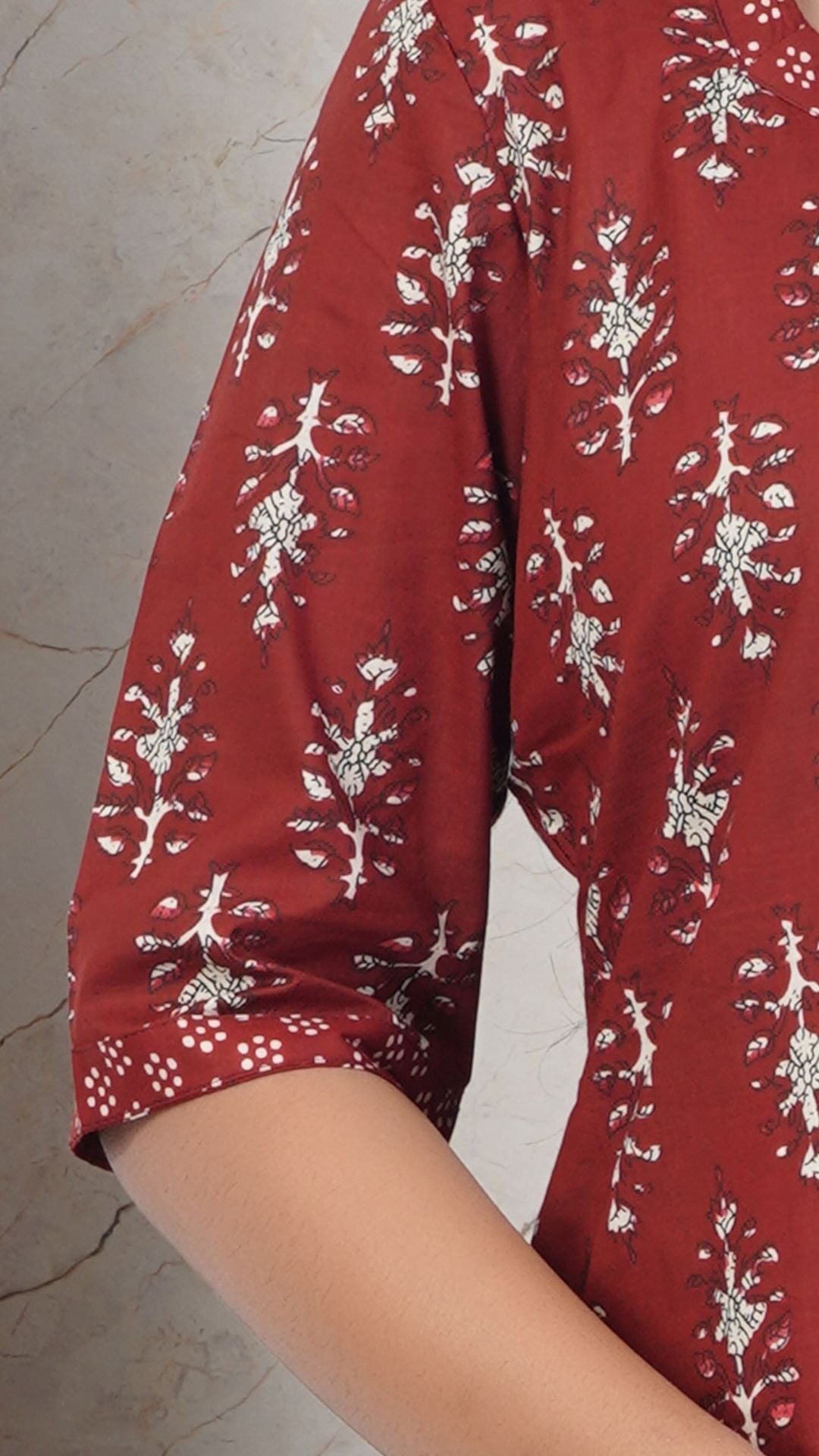 Maroon Soft Printed Cotton Side Slit Kurta  (Only Kurta )