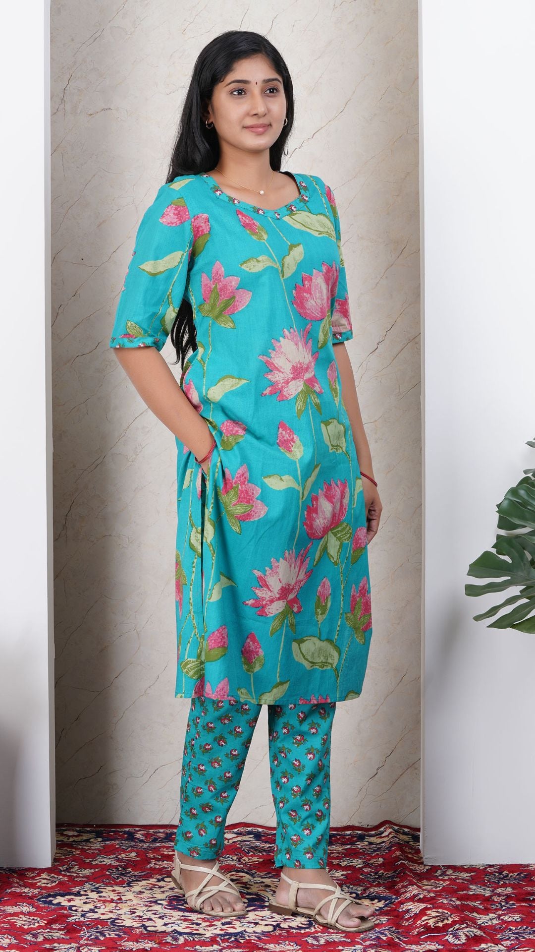 Teal Green Soft Printed Cotton Side Slit Kurta (Only Kurta )