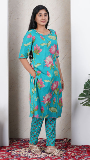 Teal Green Soft Printed Cotton Side Slit Kurta (Only Kurta )
