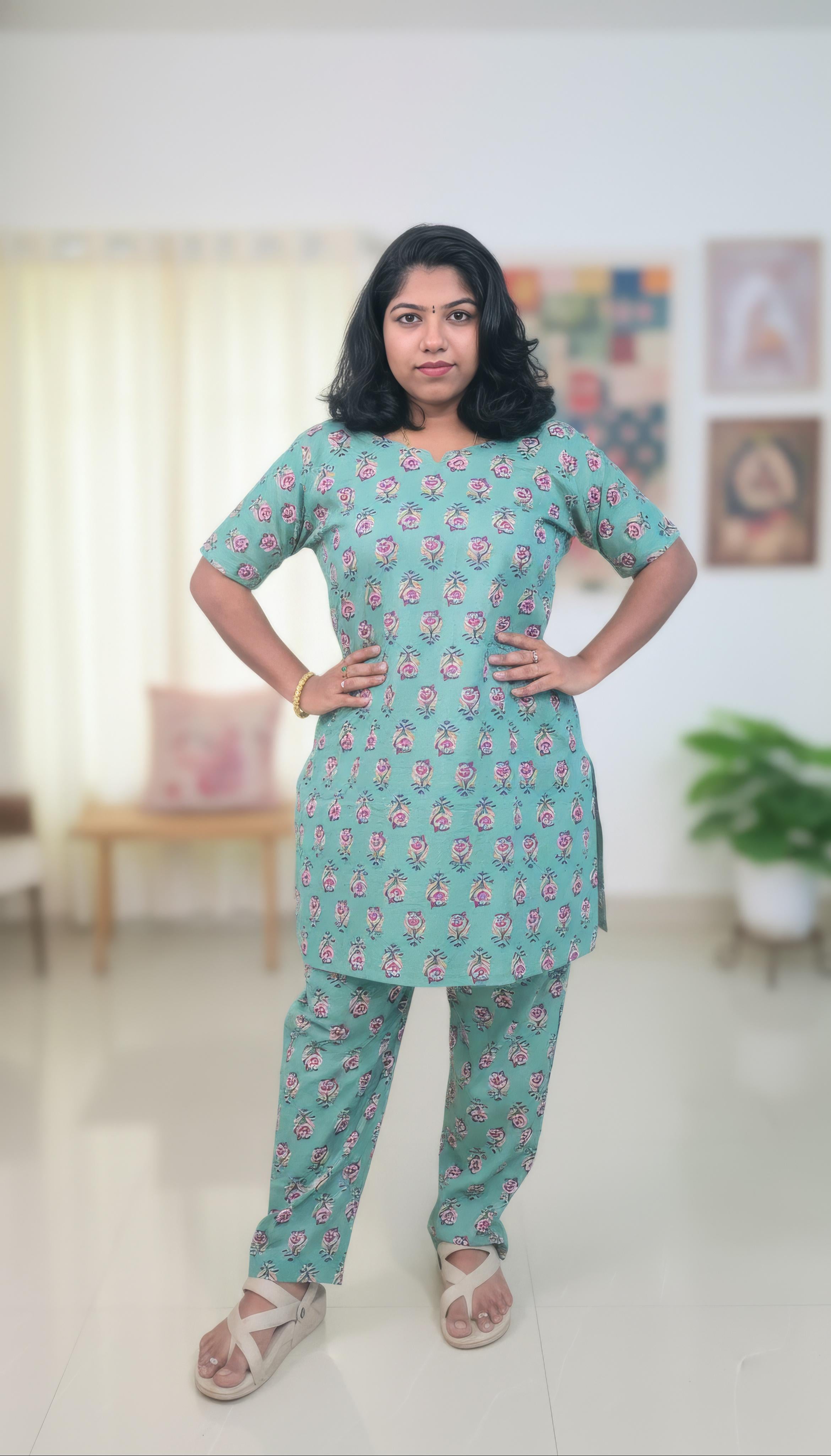 Light Teal Green Hand Block Printed Cotton Mid Length Kurti with Trouser Co-Ord Set