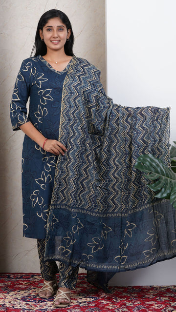 Navy Blue Soft Printed Cotton 3 Piece Kurta Set for Women | Office & Daily Wear