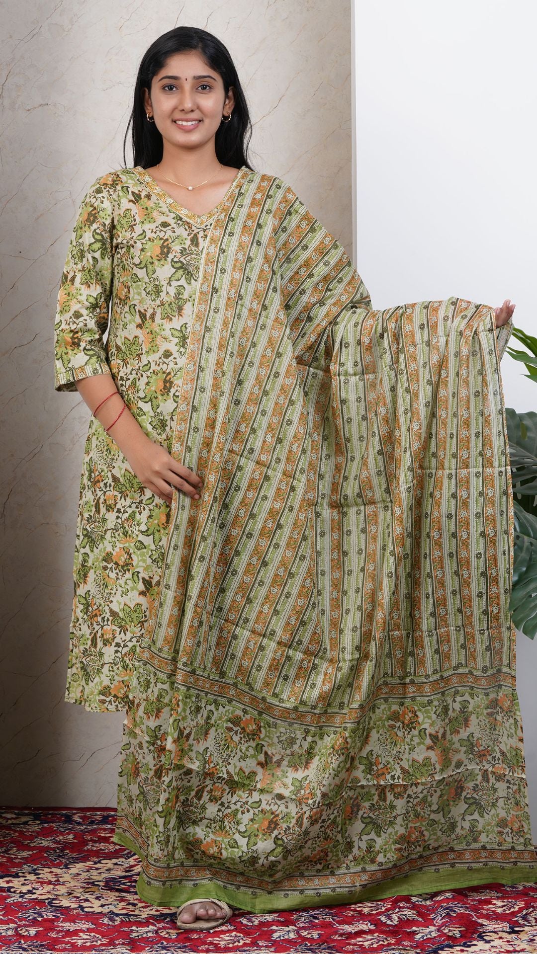 Green Soft Printed Cotton 3 Piece Kurta Set for Women | Office & Daily Wear