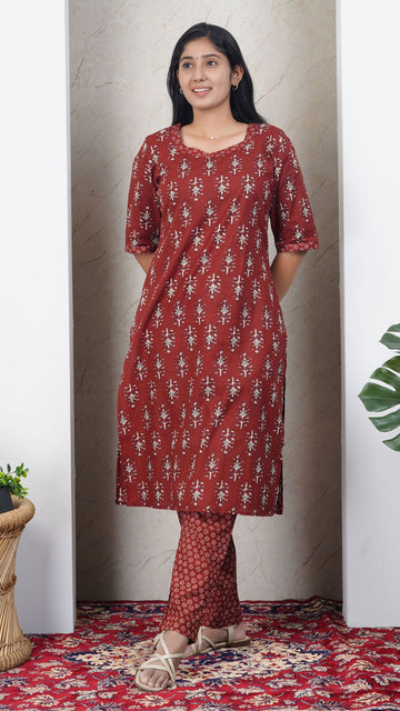 Maroon Soft Printed Cotton Kurta Set for Women | Office & Daily Wear