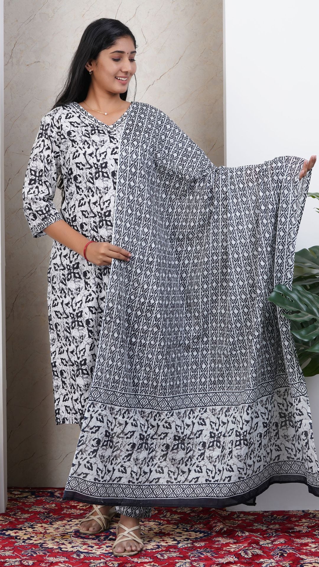 Black Soft Printed Cotton 3 Piece Kurta Set for Women | Office & Daily Wear