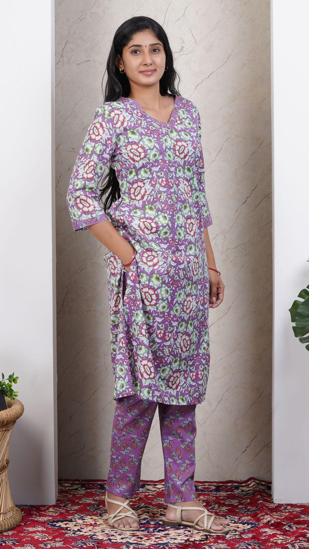 Lavender Printed Cotton Side Slit Kurta (Only Kurta)
