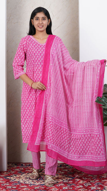 Pink Soft Printed Cotton 3 Piece Kurta Set for Women | Office & Daily Wear
