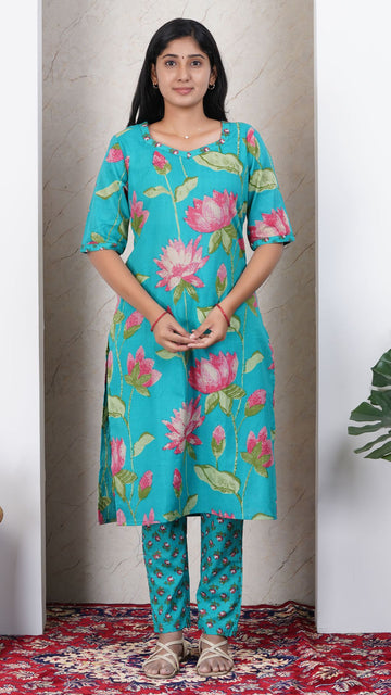 Teal Green Soft Printed Cotton Kurta Set for Women | Office &amp; Daily Wear