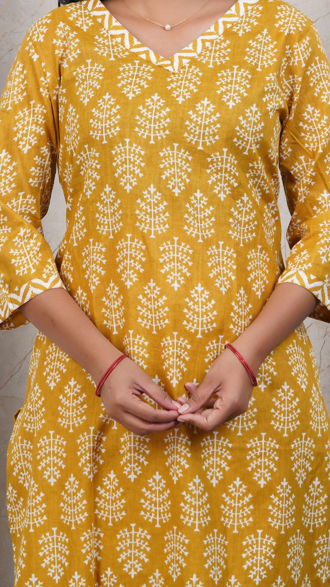 Yellow Printed Cotton Side Slit Kurta (Only Kurta)